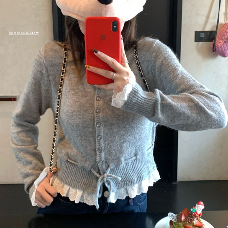 设计感红色针织开衫女早春年新款小个子系带多扣甜美内搭上衣|undefined