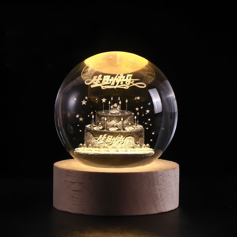 temu amazon una lámpara de noche de cristal de bola galáctica 3D láser interior grabado adornos de madera lámpara de noche galáctica