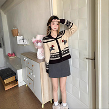 北欧费尔岛风格【榛子小狗】羊毛编织提花复古针织开衫女早秋上新