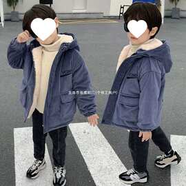 男童外套冬季洋气2025秋冬款儿童灯芯绒上衣超厚连帽小童棉服潮酷