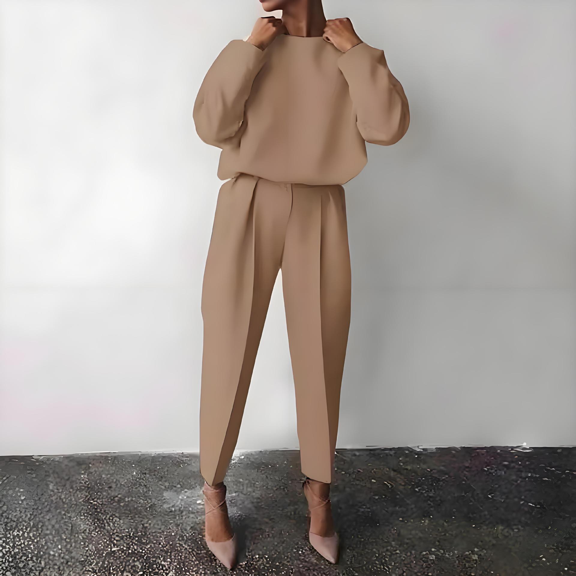 In-Stock Cross-Border Amazon Temu Hot-Selling European and American Foreign Trade Women's Clothing Autumn and Winter Solid Color Long-Sleeved Casual Two-Piece Set