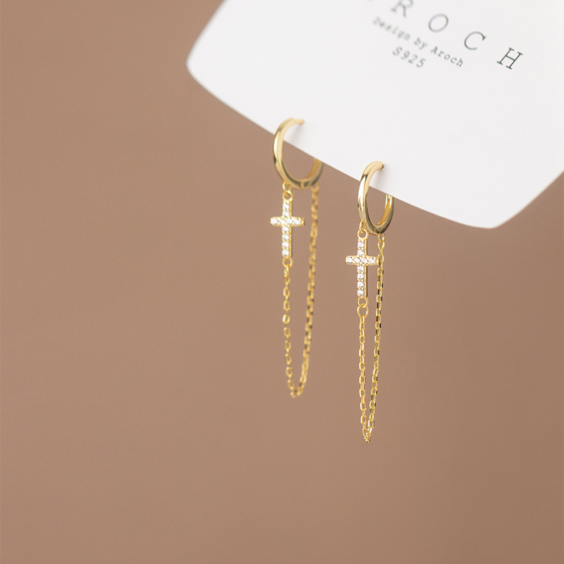 Eloch s925 plata con diamantes crucifijos de cadena de orejas personalidad europea y americana fría moda orejas mujeres M00601