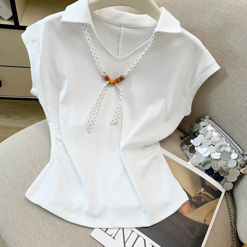Áo thun polo nữ tay ngắn cổ bẻ kèm khăn lụa phong cách Pháp — màu trắng chi tiết 15