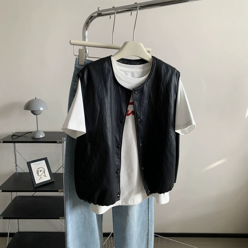Stylish Retro Protein Leather Vest for Women 2026 Spring and Autumn Korean Style Black Round-Neck Biker Jacket Layered Sleeveless Coat