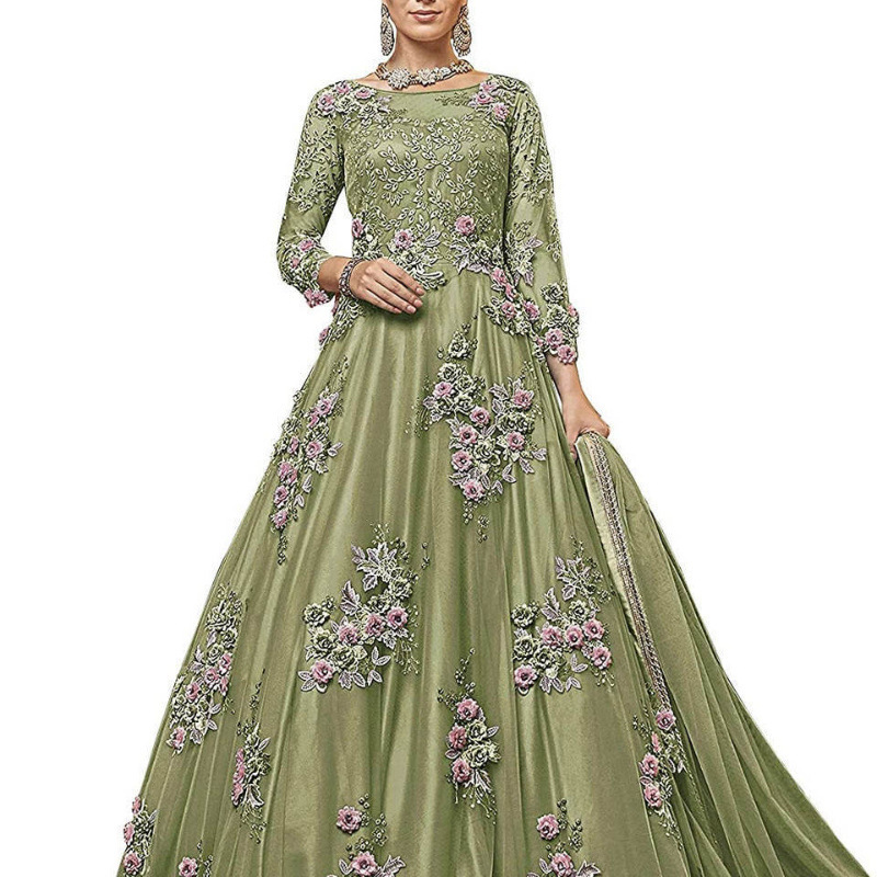 Vintage Ethnic Style Party Host Art Test Dress Photo Studio Shooting Long Dress Lace Three-Dimensional Flower Long Sleeve Dress