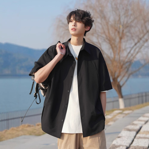 Deconstruction Design Lightweight Luxury Short-Sleeve Shirt for Men Summer Chilled Feeling Striped Solid Color Stiff and Three-Dimensional Ins Five-Sleeve Shirt