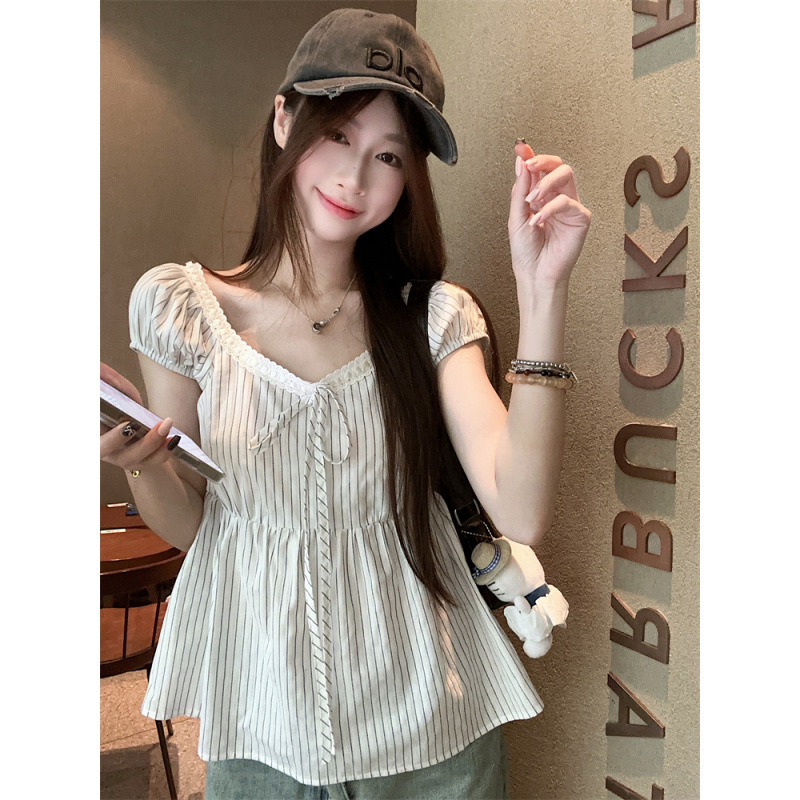 Summer French-Style Pleated Sleeveless Top with Romantic Lace, White Striped Niche Sweet Blouse for Women Summer French-Style Pleated Sleeveless Top with Romantic Lace, White Striped Niche Sweet Blouse for Women