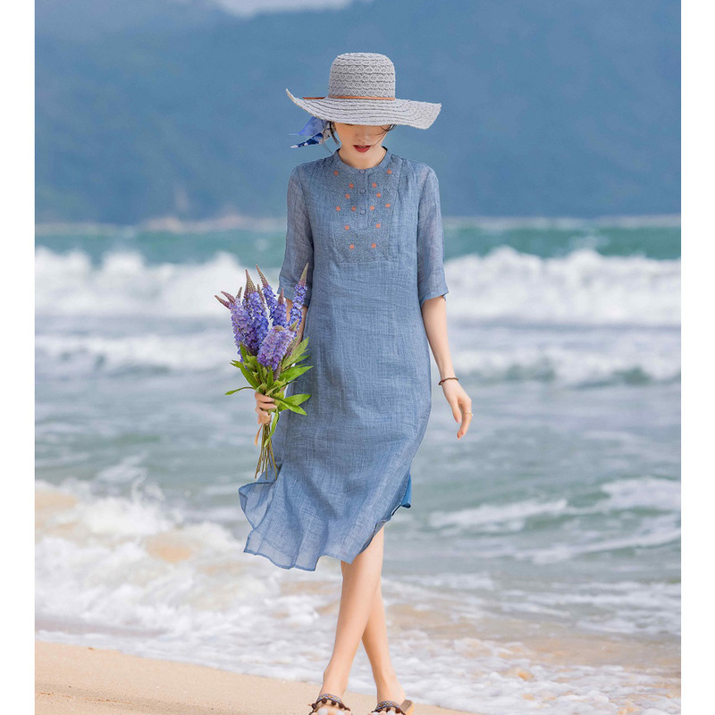 2023 Summer New Cotton and Linen Women's Clothing Vintage Embroidered Ramie Fried Color Dress Long Short-sleeved Light Cheongsam