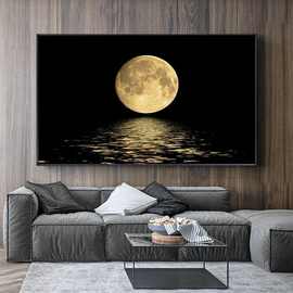 高清简约单幅现代黑色白色月亮画装饰画背景墙壁画客厅挂画油画