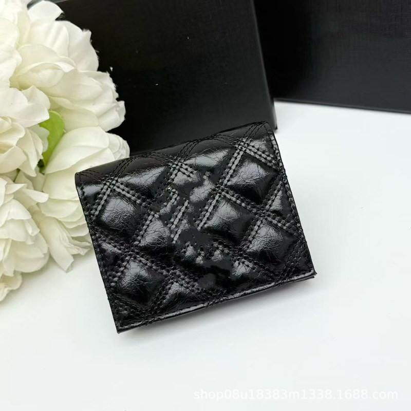 2025 New Cross-Border Single High-Grade Oil Wax Leather Black Gold Black Silver Small Card Holder Foldableing Coin Purse Same Style for Men and Women