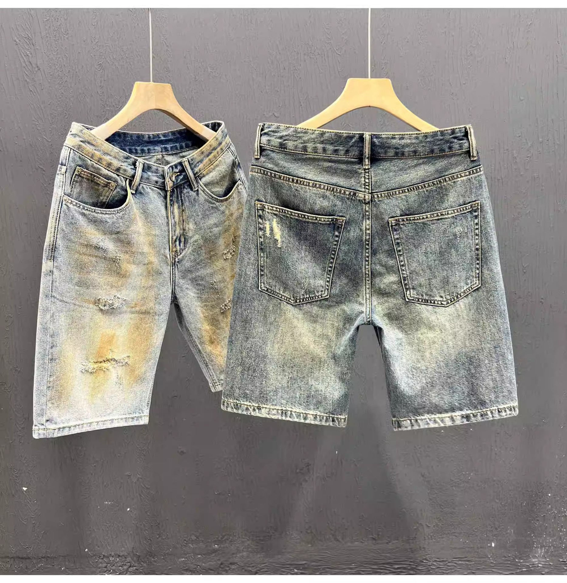 Men's Lightweight Distressed Denim Shorts Trendy High End Printed Patchwork Mid-Length Stretch Five-Point Pants Summer_mkmklike.com