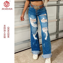 标码女装破洞牛仔裤 弹力牛仔休闲牛仔裤 2025新款