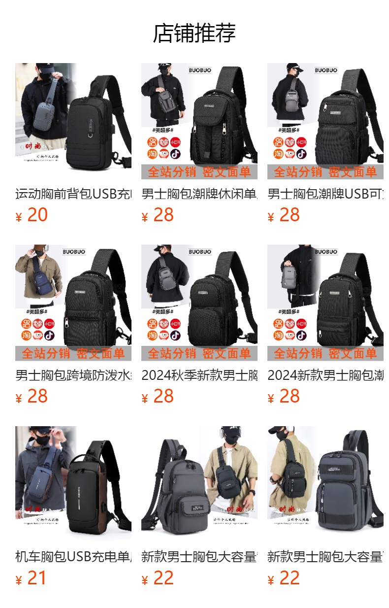 Men's chest bag, cross-border water-resistant crossbody bag, trendy casual single-shoulder backpack, USB rechargeable multi-functional men's bag full figure