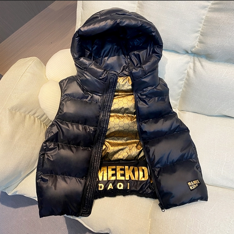 Korean Kidsren's Black Gold down Vest, Kidsren's Autumn and Winter Vest, Boys and Girls, Baby Hooded Thickeneded Vest