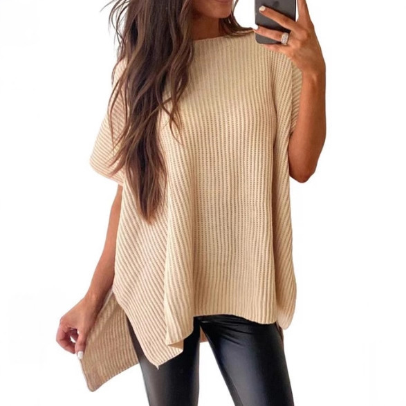Summer New Pure Color Pullover Round Neck Woolen T-Shirt for Women 2024 European and American Casual Loose Shoulder Short-Sleeved Tops for Women
