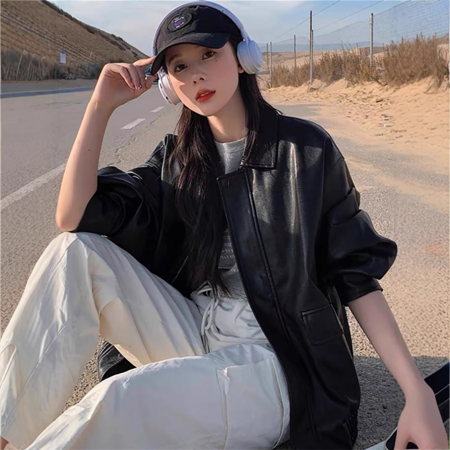 Vintage Biker Jacket Leather Coat Short Women's 2025 Early Autumn New Hong Kong Style Black Petite American Style