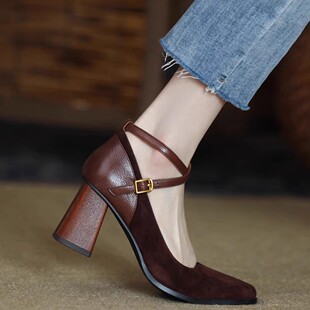 Chengdu style ~ vintage leather frosted Stitching small square toe cross buckle single-layer shoes women's spring chunky heel high heels