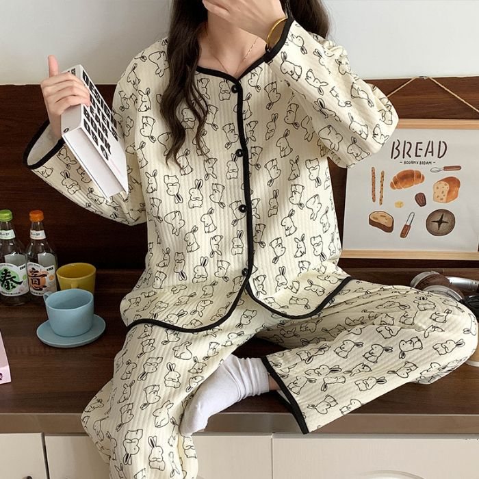Pijamas de algodón de aire de mujeres otoño y invierno nuevo engrosado de mangas largas dulce pequeño viento fragante calentamiento conjunto de ropa de hogar se puede usar fuera