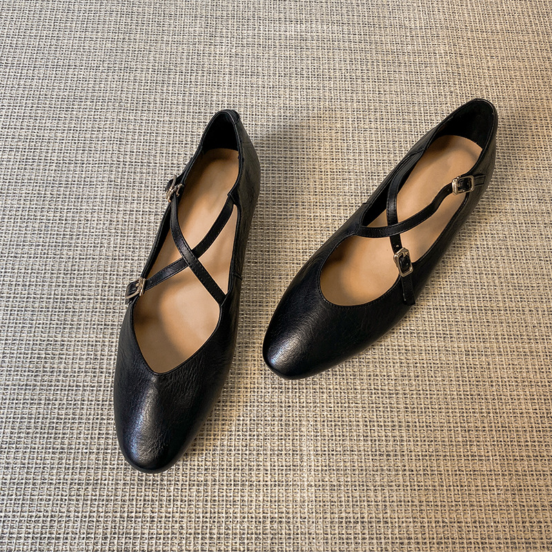 Cuero de vaca lavado con agua ~ zapatos de ballet rojos retrógrados de cuero cruzado, zapatos de mujer con cabeza redonda, zapatos planos