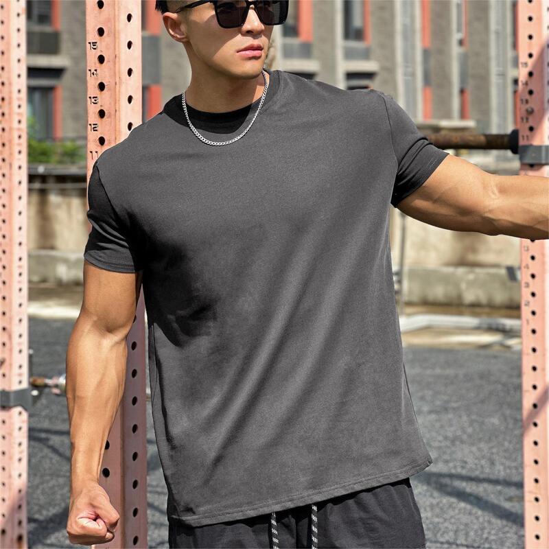 Men's Fitness Training Slim-fit Small Cuffs Cotton Elastic Breathable Solid Color Large Muscle Short Sleeve T-shirt