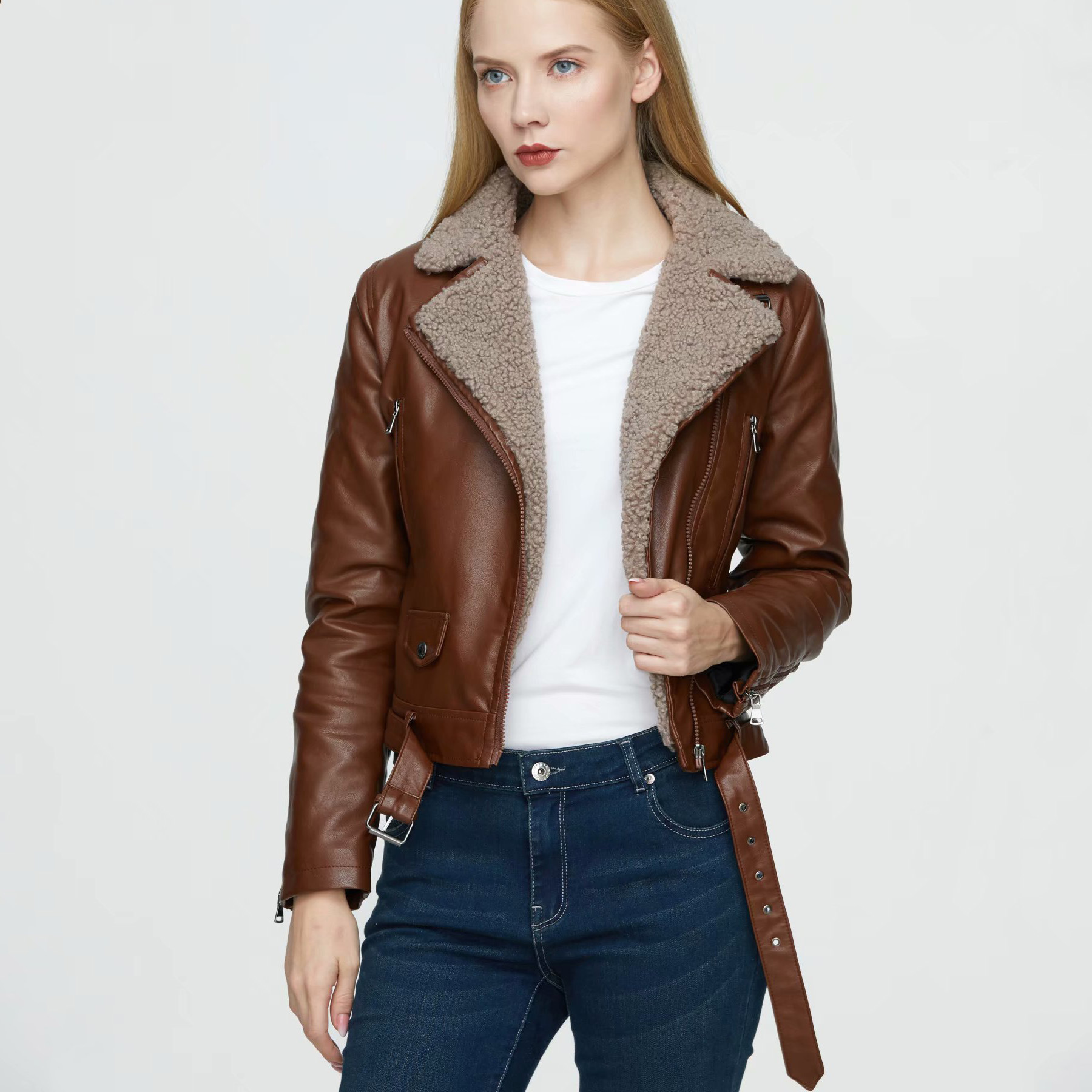 Abbigliamento donna autunno e inverno pelliccia tutto in uno pelliccia di agnello moto giacca in pelle da donna ispessita_voghion.com