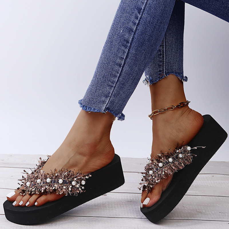 Tassel Open Toe Pearl Flip Flops NSKJX104267