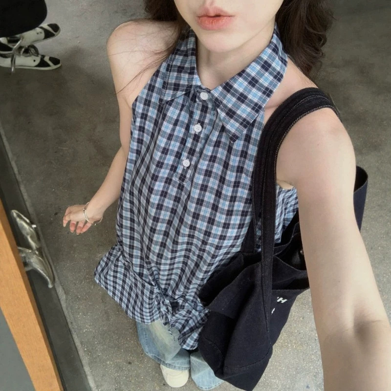 Korean Retro Plaid Halter Neck Sleeveless Shirt for Women, New Summer Style Drawstring Waist Slimming Two-Way Vest Top for Women