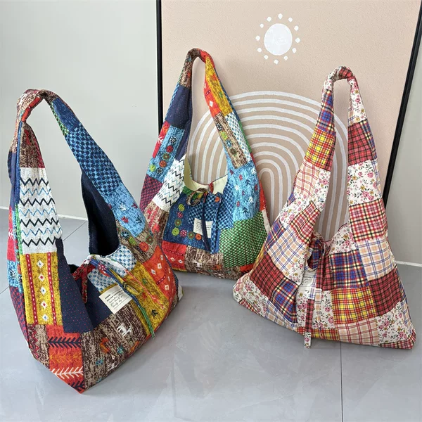 2025 Spring and Summer New Retro Double-sided Spelling Vacator Bag Bohemian Style Shoulder Bag Large Capacity Shopping Bag