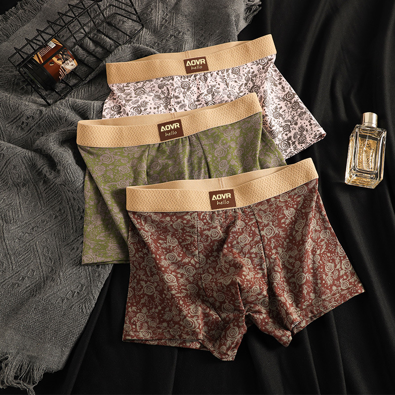 Classic Rose Flower Men's Underwear, Retro Printed Boxer Briefs, Breathable Four-Corner Shorts for Teenagers and Boys
