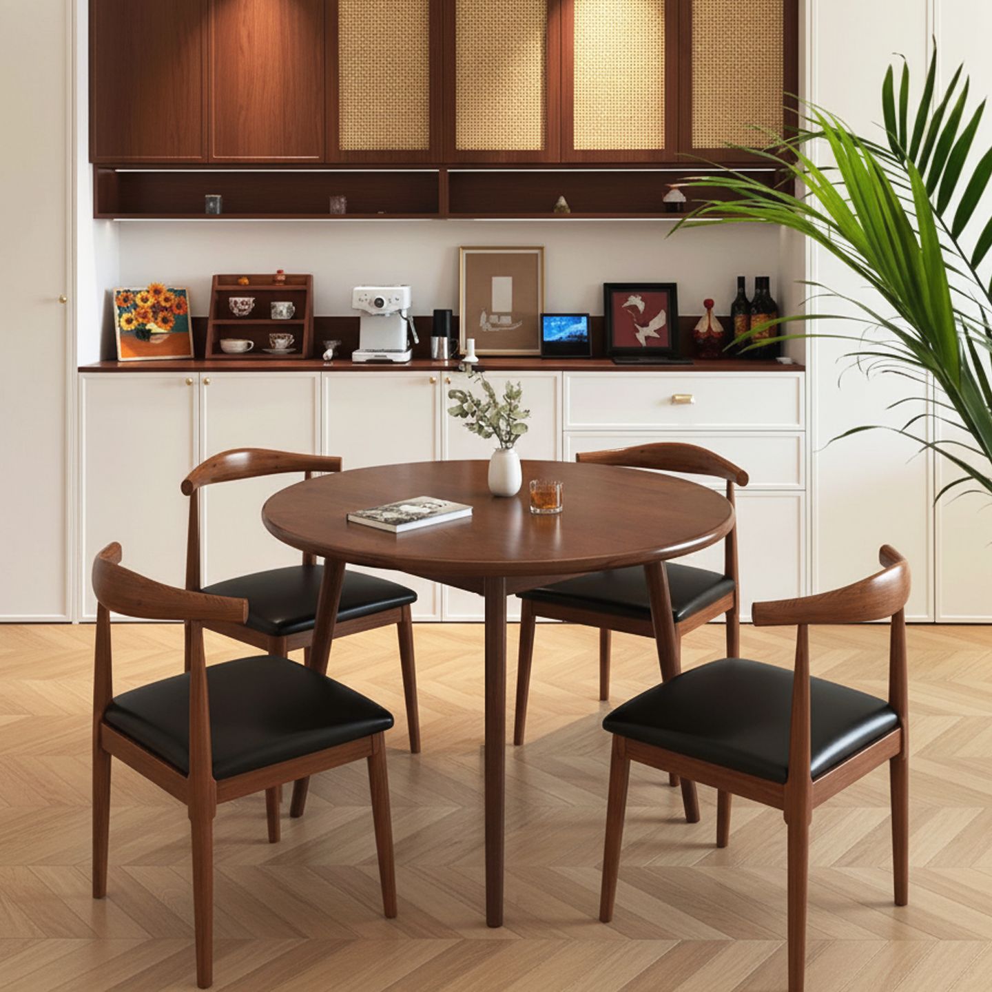 Solid Wood Round Dining Table for Home Small Apartment Retro Style Dining Table 2025 New Round Tea Dining Table and Chair Combination