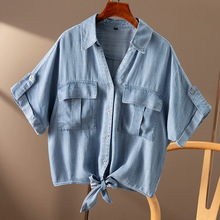 高品质下摆打结天丝牛仔翻领外套衬衫女2025夏季新款别致短款上衣