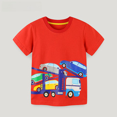 2024夏季歐美風男童短袖T恤針織棉小汽車卡通印花圓領寶寶打底衫