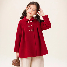女童毛呢外套2024秋冬新款儿童韩版翻领中长款纯色呢大衣一件代发