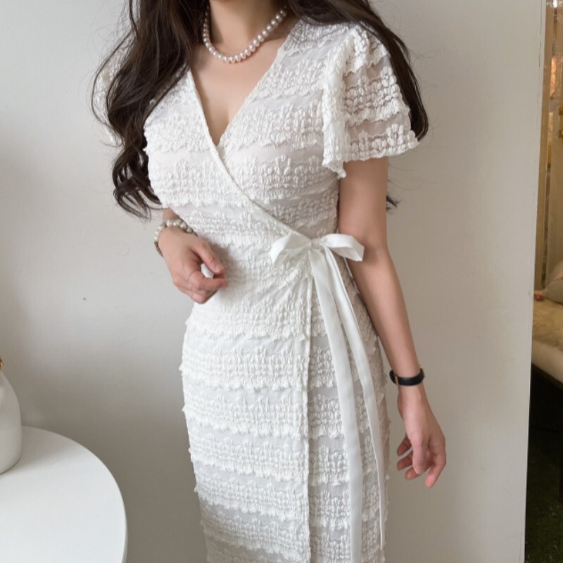 Korean Chic One-Piece Lace Crocheted Flying Sleeve Dress for Women Summer Elegant V Neck Lace-Up Waist Long Skirt