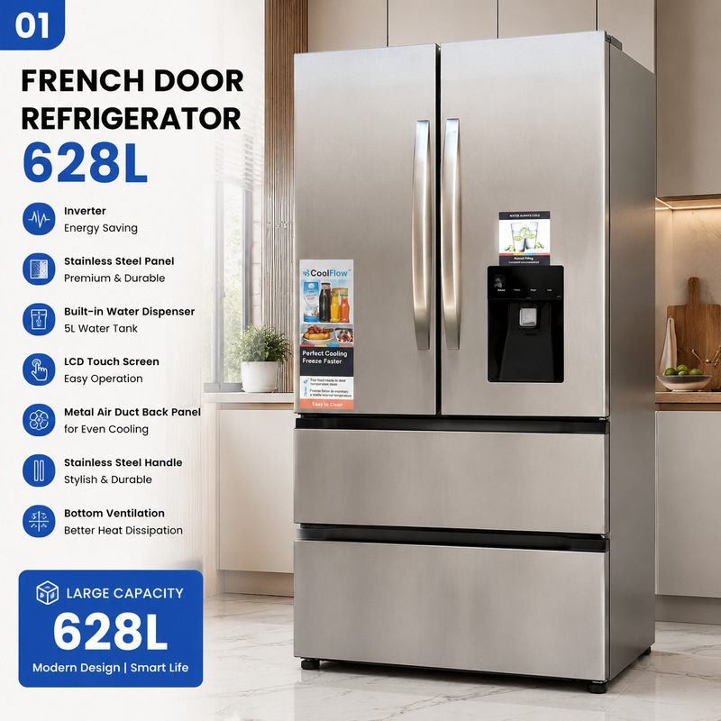 Cross-border refrigerator with side-by-side doors, water dispenser, and display, for home use, large capacity, frost-free, inverter-controlled Cross-border refrigerator with side-by-side doors, water dispenser, and display, for home use, large capacity, frost-free, inverter-controlled