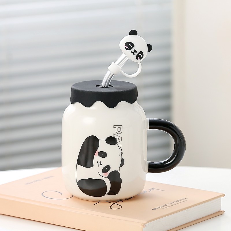 Panda creativa Taza de cerámica desayuno leche café taza de dibujos animados Taza de cerámica con tapa taza de agua regalo de la mano
