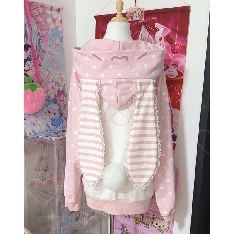 Japanese-style cute pink polka dot bunny ear hooded sweatshirt for women, autumn thin loose-fit color-blocking soft girl cardigan jacket Japanese-style cute pink polka dot bunny ear hooded sweatshirt for women, autumn thin loose-fit color-blocking soft girl cardigan jacket