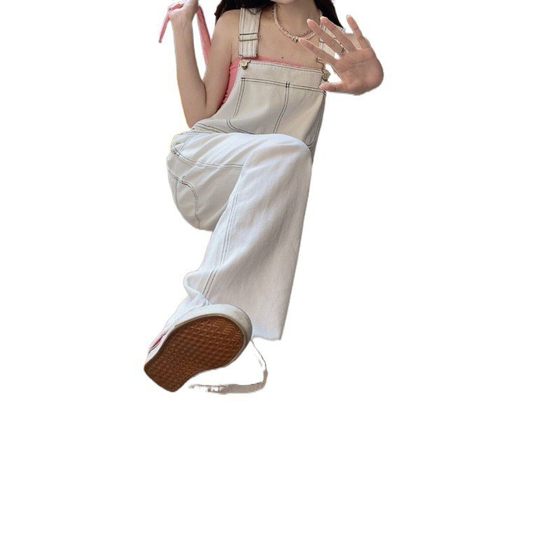 White Ancient Style Denim Strap Pants Women's Summer New High Waist Loose Short Straight Leg Wide Leg Pants Long Pants