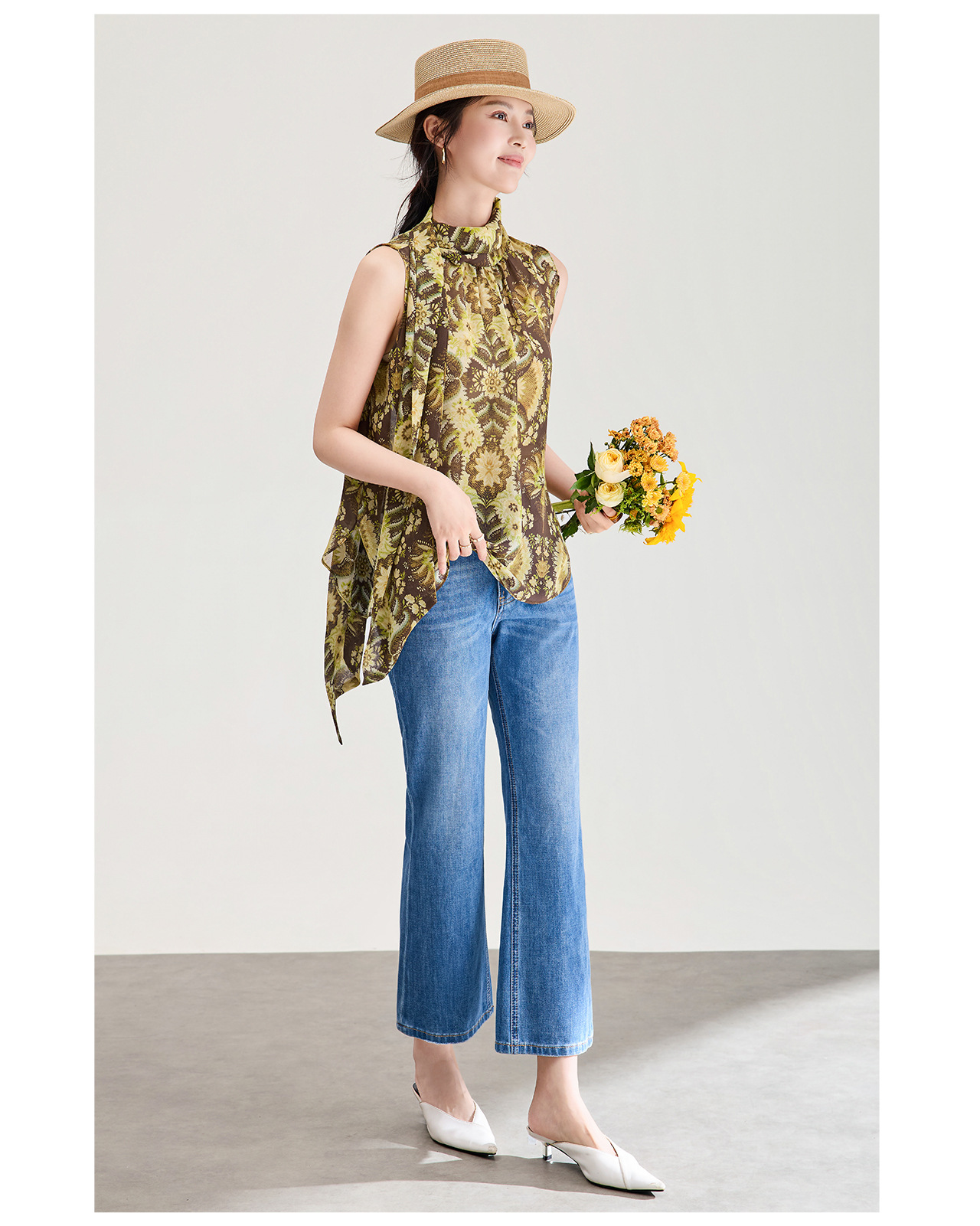 Áo hai dây nữ chất liệu chiffon in hoa, phối dây lụa, phong cách thanh lịch mùa hè — màu xám chi tiết 7