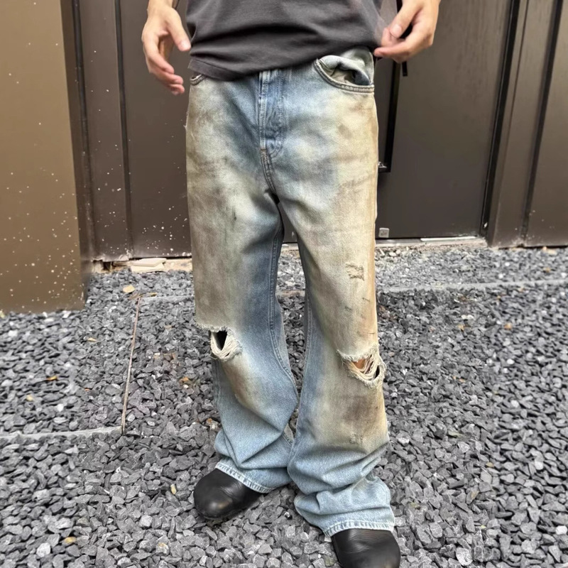 American Street Style Washed Vintage Jeans for Men, Straight Wide-Leg Ripped Distressed Pants, Versatile Trendy Pants on Instagram