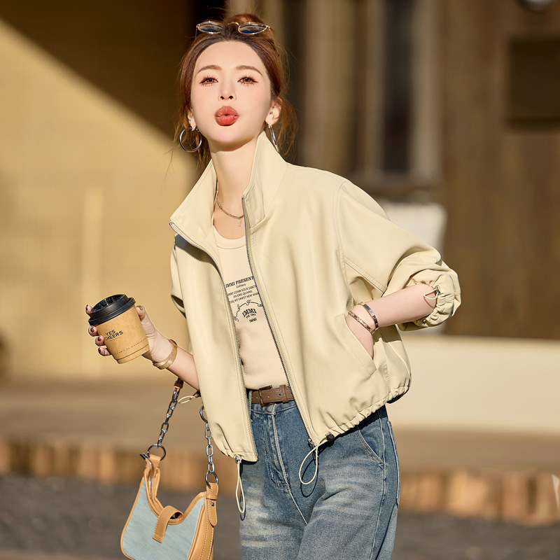 Counter Short Genuine Leather Jacket for Women 2025 Spring & Fall Stand-Up Collar Jacket Goatskin Top Loose Casual Women's Clothing