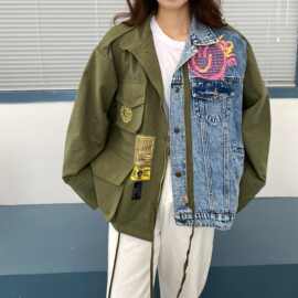泰国潮牌2023春秋季新款印花时尚百搭宽松拼接撞色牛仔外套女上衣