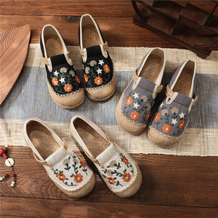 2025 Spring and Autumn Embroidered Shoes Flat Heel Low-Top Embroidered Shallow Mouth Single Shoes Literary Ethnic Style Women's Shoes Linen Manufacturer