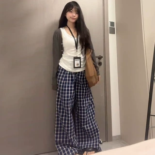 赵露思同款格子裤女2025新款夏季松弛感慵懒风高腰宽松垂感休闲裤