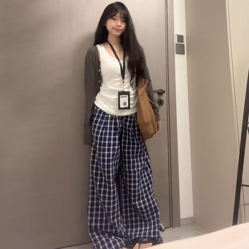 Zhao Lusi Plaid Pants Women's 2025 New Summer Relaxation Lazy Style High Waist Loose Dosing Casual Pants
