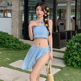 泳衣女夏纯欲甜辣妹设计感小众性感挂脖不规则绑带群度假风泳装女