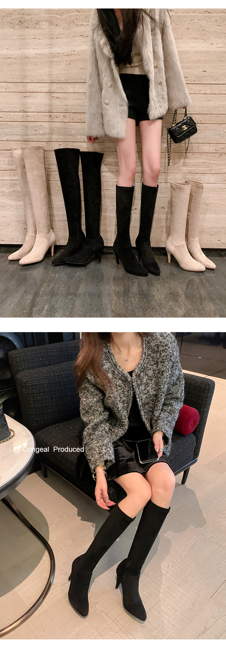 Boot nữ cổ cao trên gối mũi nhọn gót cao 9 cm chất da lộn co giãn — Lớp lót nhung tiêu chuẩn màu đen trên đầu gối, Lớp lót nhung lớn màu mơ trên đầu gối, Giày bốt cao cấp lót nhung tiêu chuẩn màu mơ, Lớp lót nhung đen trên đầu gối chi tiết 12