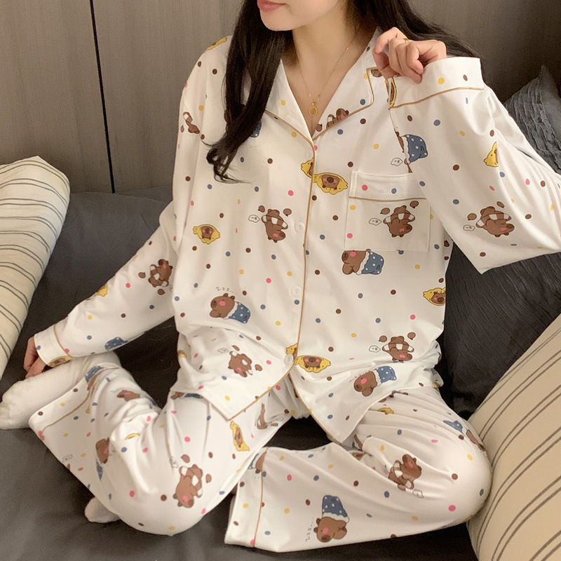 El comercio exterior de primavera y otoño pijamas algodón para las mujeres ins lindo dibujos animados solapa cardigan suelta delgada vestir prendas exteriores homewear