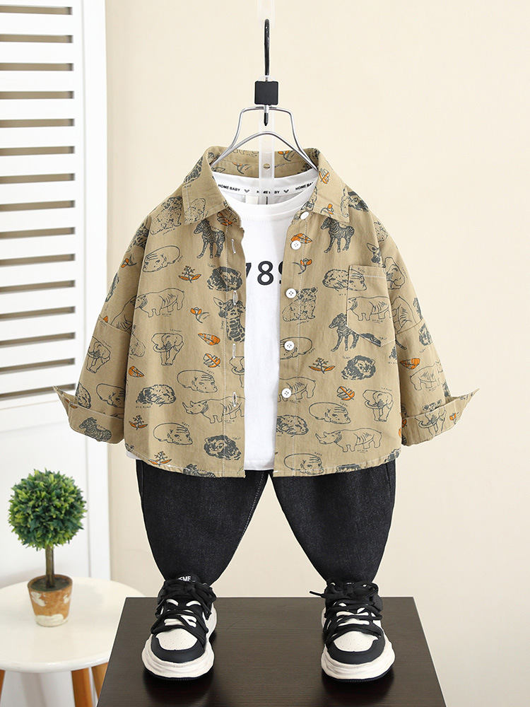 5837 Camisa de dibujos animados para niños Primavera y otoño para niños Camisa coreana de manga larga de estilo occidental 2025 nueva chaqueta para niños