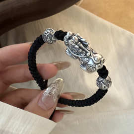 999纯银男手链 足银貔貅男女转运珠手串手饰手工编织民族风